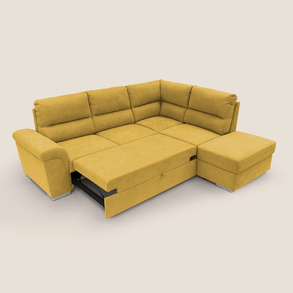 Minerva divano angolare con estraibile a cassettone e pouf contenitore in tessuto morbido impermeabile T02 giallo