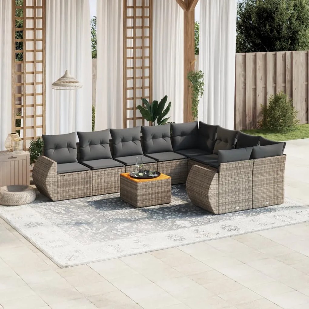 Set divano da giardino 10 pz con cuscini grigio in polyrattan