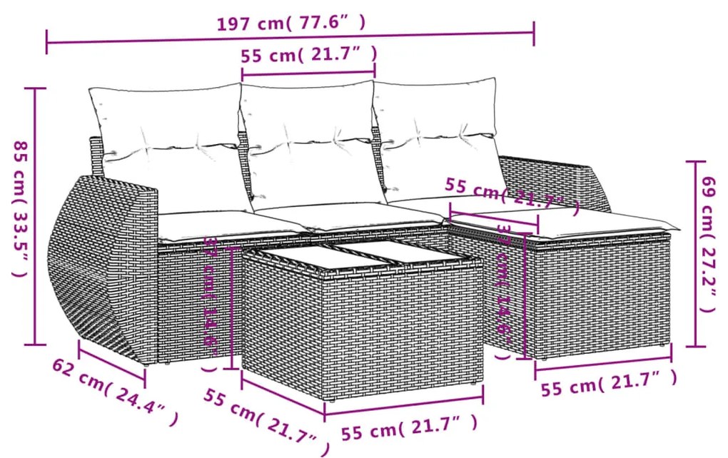 Set divano da giardino 5 pz con cuscini beige in polyrattan