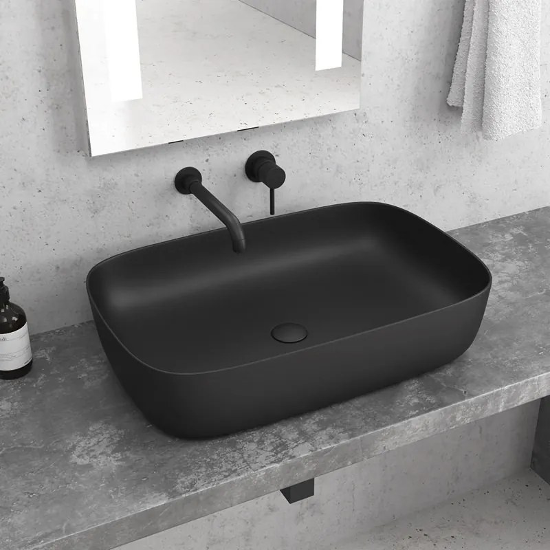 Lavabo da appoggio colore nero opaco design rettangolare arrotondato | 60cm MIL-LN - KAMALU