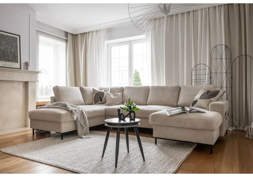 Divano letto in velluto a coste beige (angolo sinistro) Lofty Lilly - Miuform