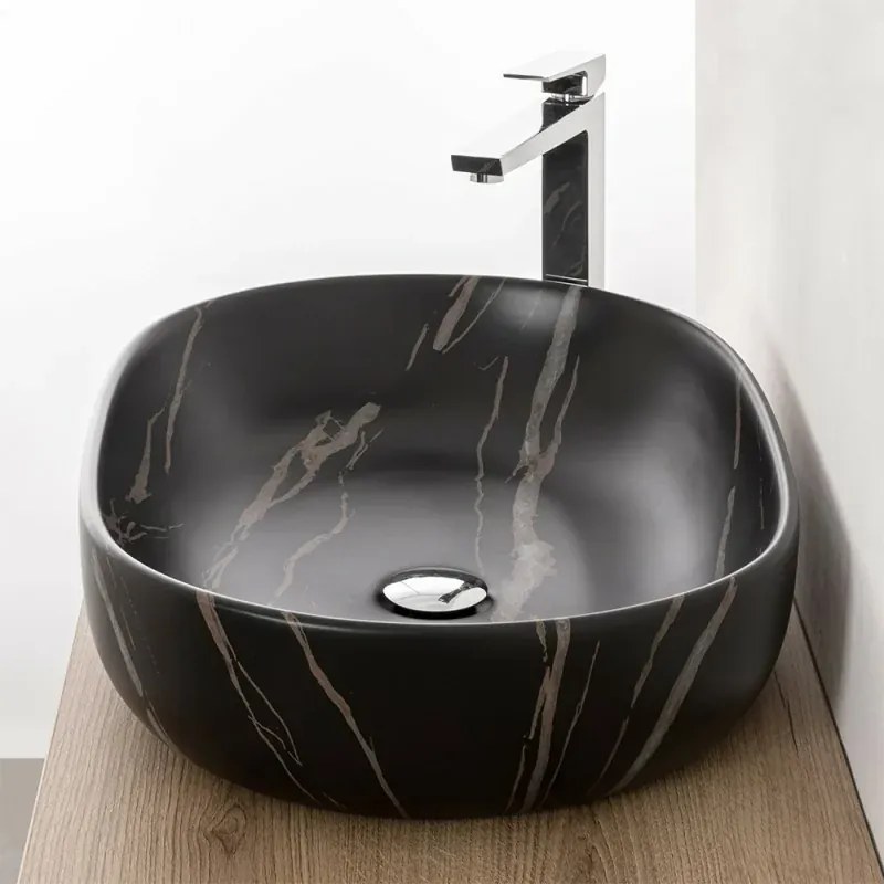 Lavandino da appoggio ovale 60x41 cm effetto marmo nero Tokyo