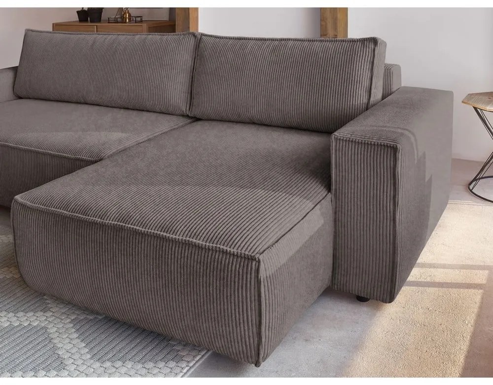 Divano angolare grigio tortora allungabile/con contenitore con rivestimento in velluto a coste Nihad – Bobochic Paris