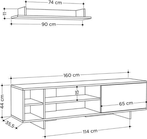Mobile Porta TV 160 Cm Con Vani E Mensola Superiore Stockton Bianco E Rovere