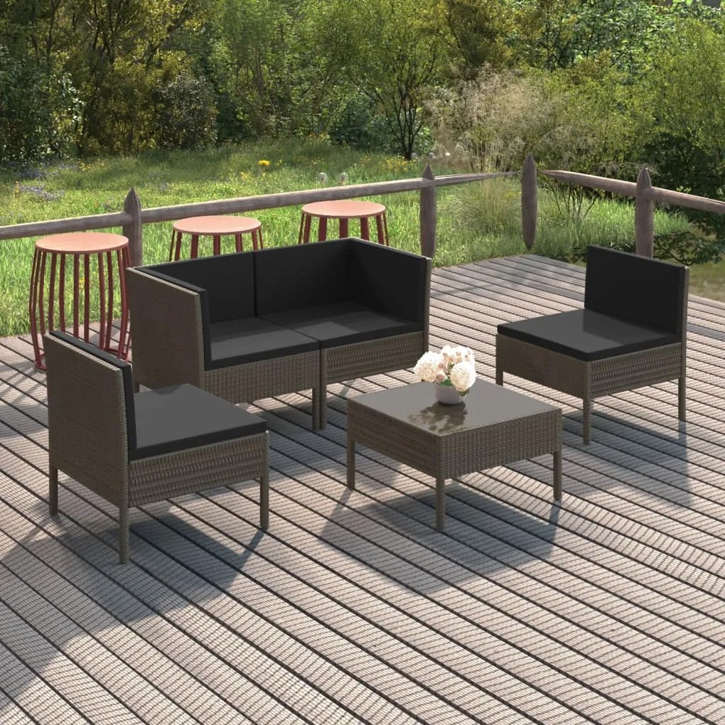 Set divani da giardino 5 pz con cuscini in polyrattan grigio