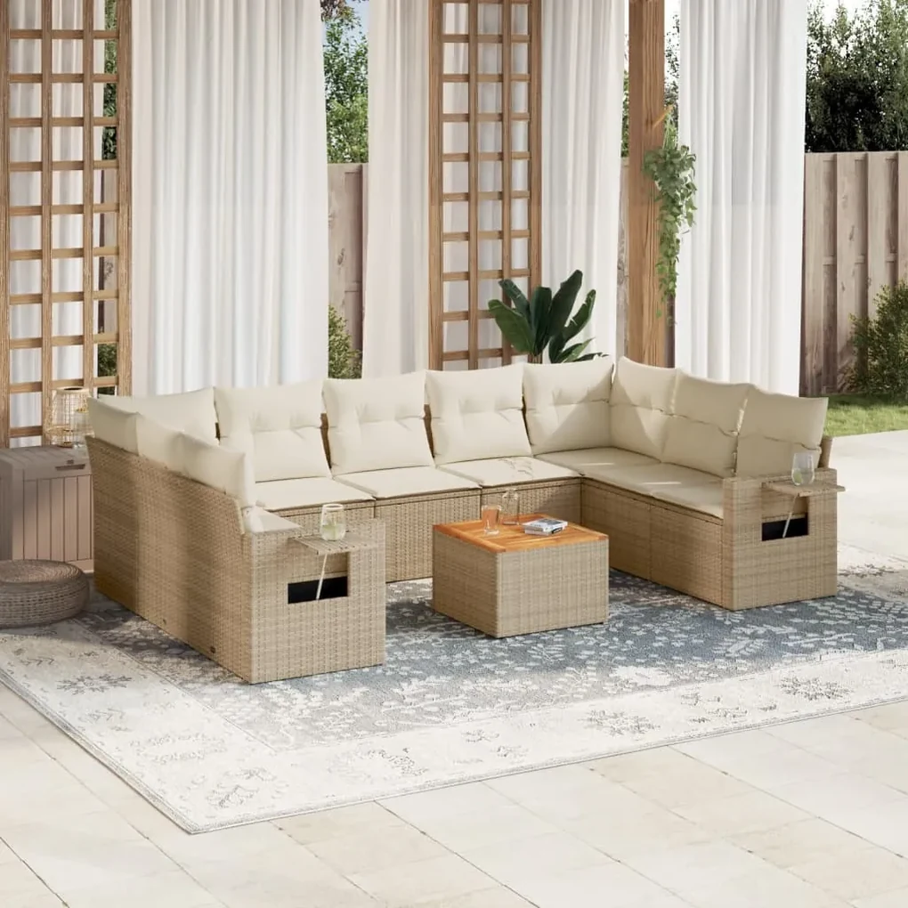 Set divano da giardino 10 pz con cuscini beige in polyrattan