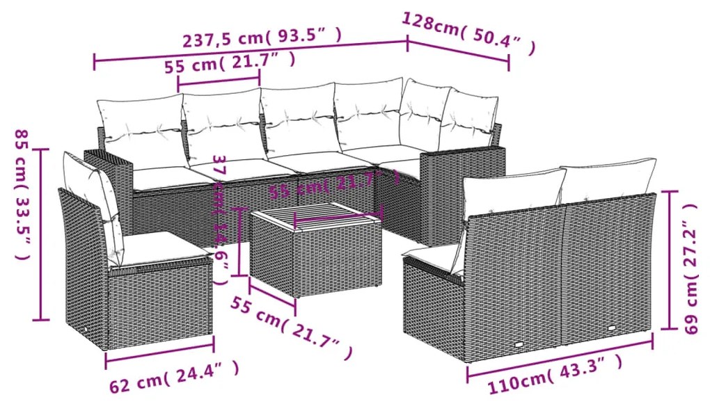 Set divano da giardino 9 pz con cuscini beige in polyrattan