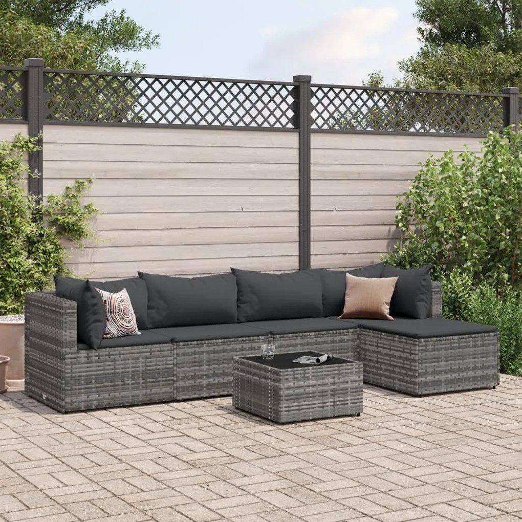 Set divani da giardino 6 pz con cuscini in polyrattan grigio