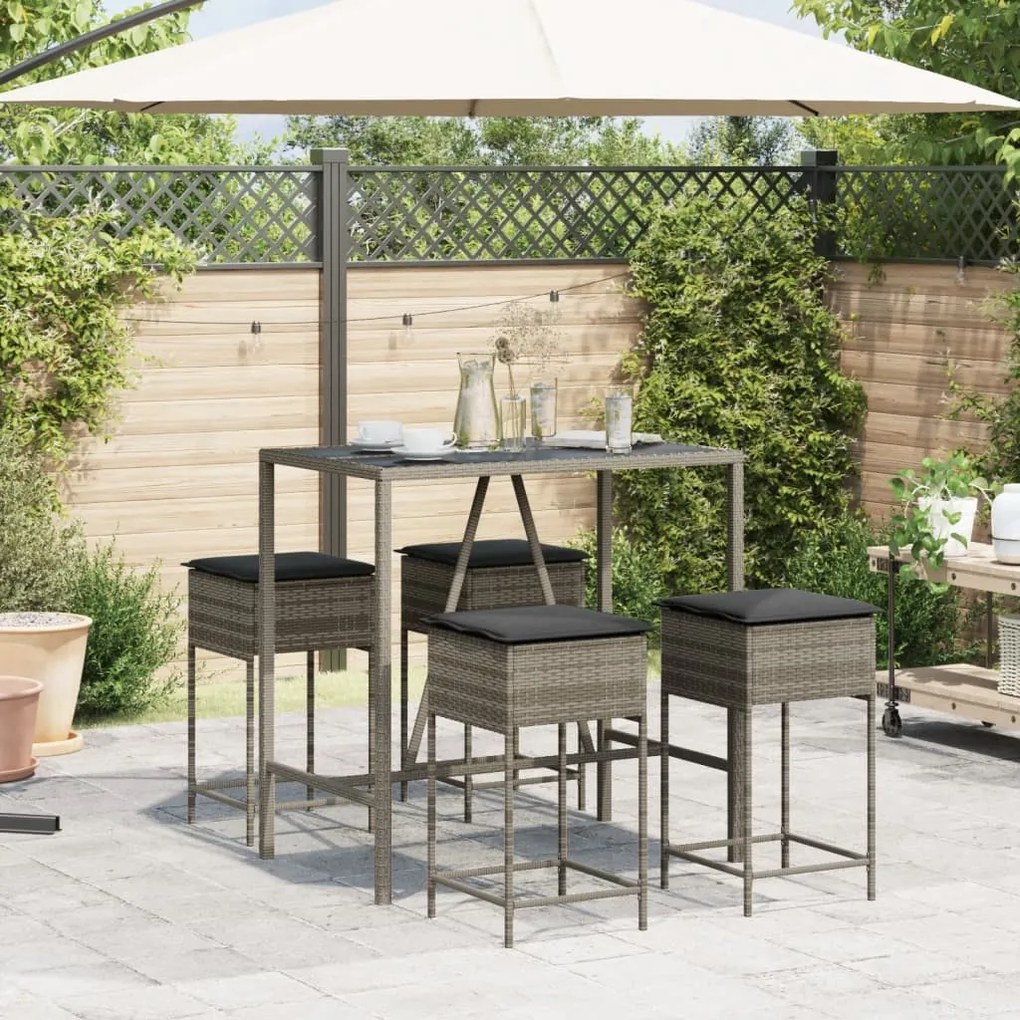 Set bar da giardino 5 pz con cuscini in polyrattan grigio