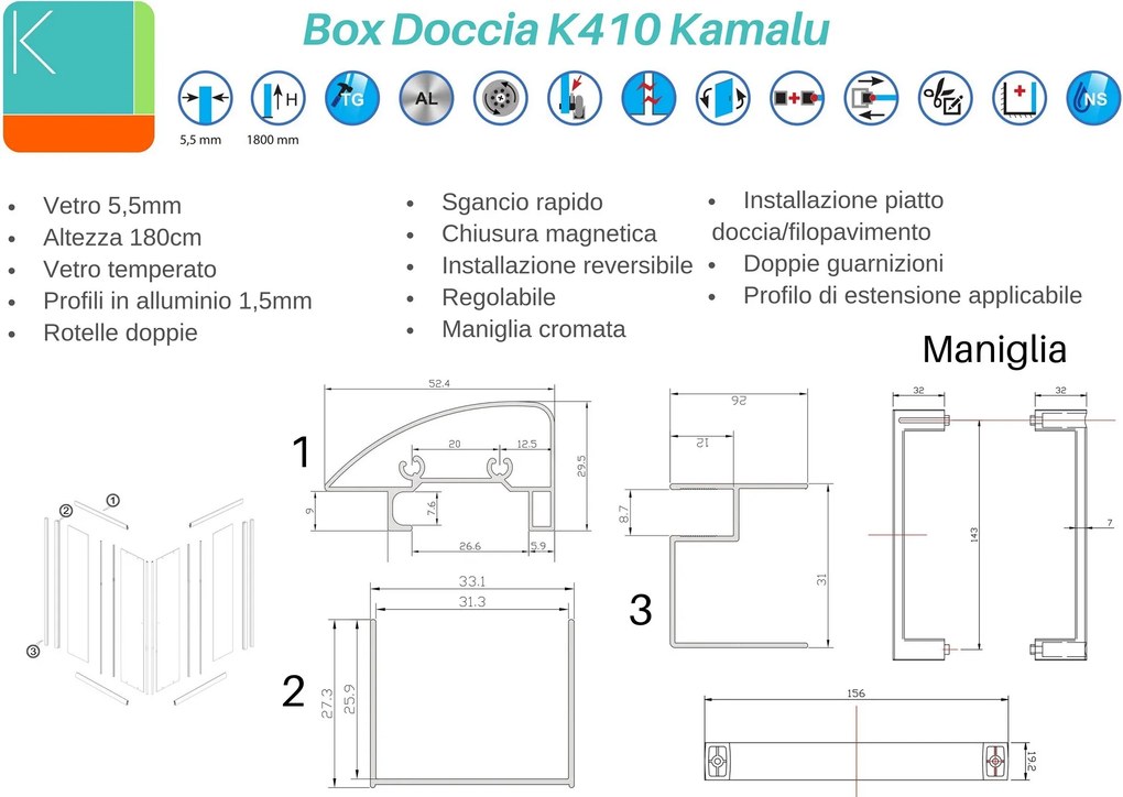 Cabina doccia angolare 100x100 altezza 180cm K410 - KAMALU