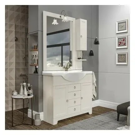 Mobile bagno a terra 105 cm bianco decape con specchio lampada e pensile Romantica
