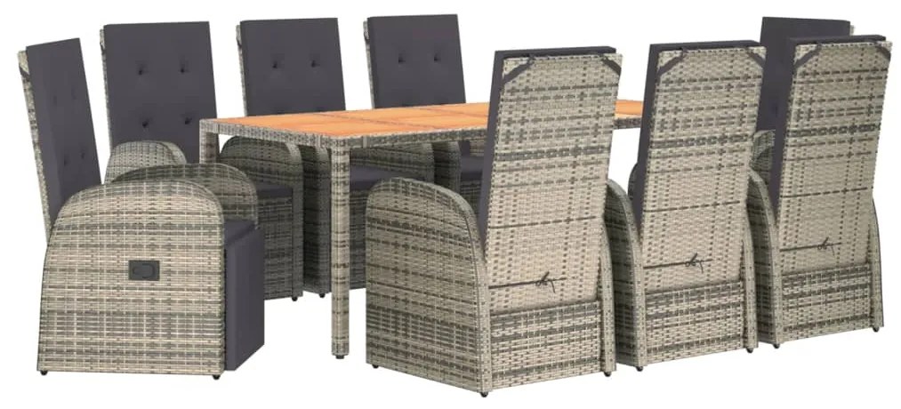 Set da pranzo da giardino 9 pz con cuscini in polyrattan grigio