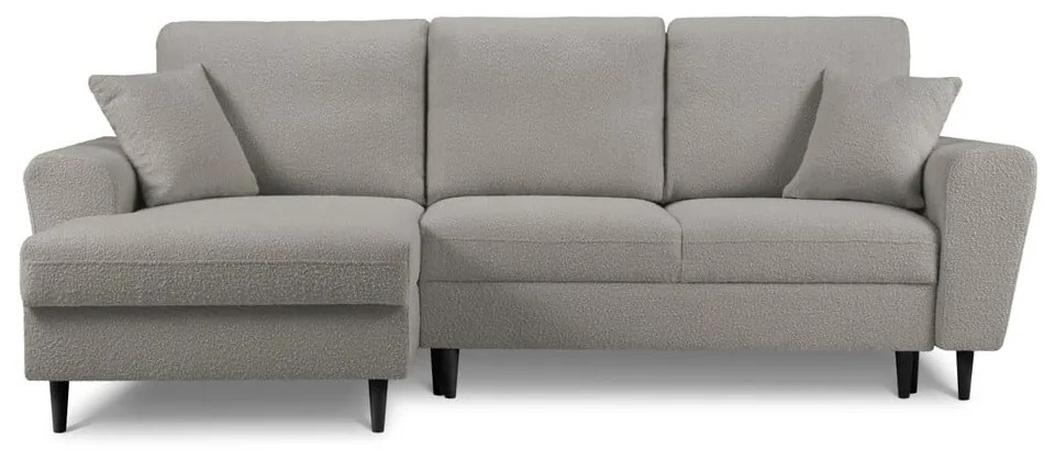 Divano angolare grigio chiaro allungabile e con contenitore (con penisola a sinistra/con chaise lounge) con rivestimento in bouclé Kyoto – Cosmopolitan Design