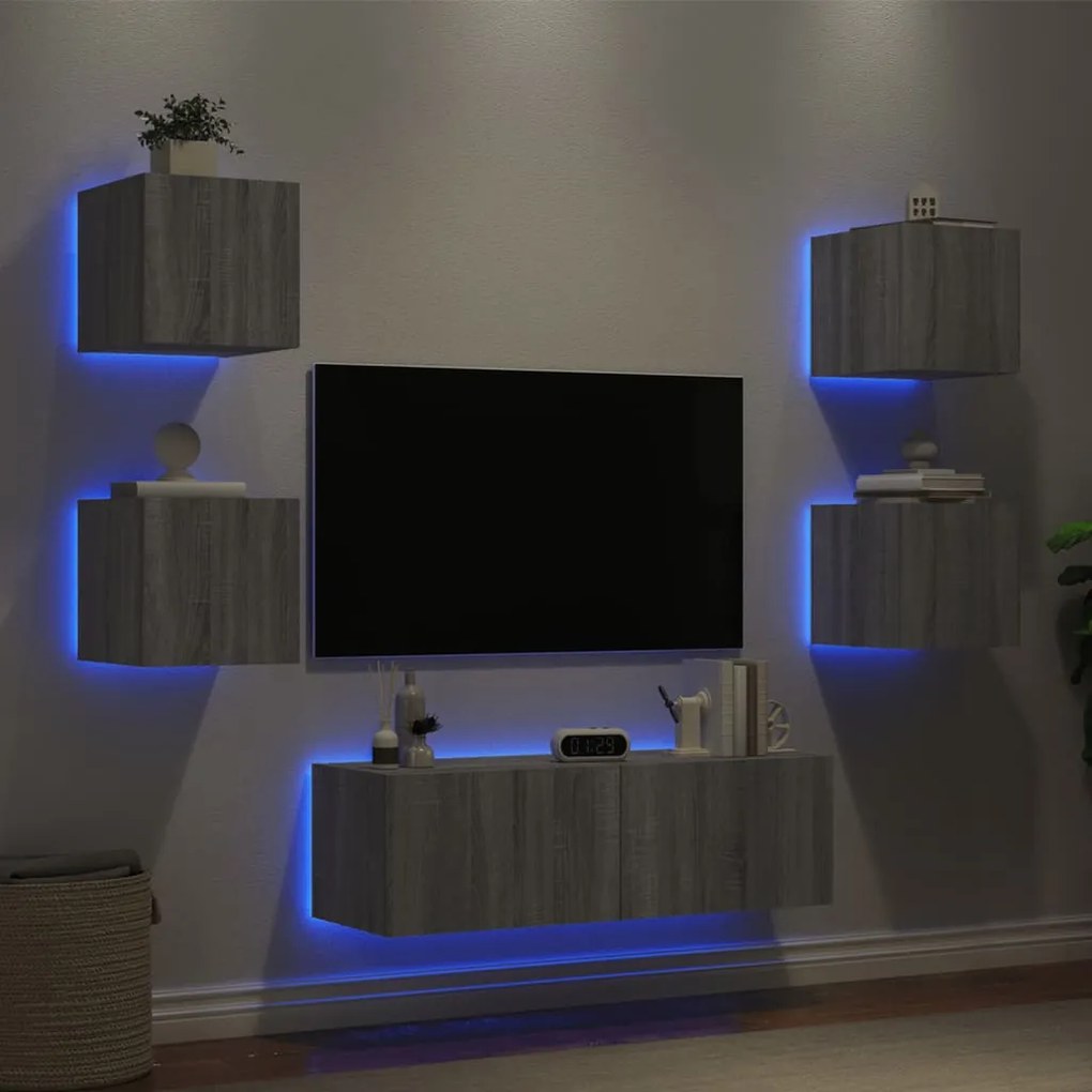 Mobili Tv A Muro 5pz Con Luci Led Grigio Sonoma /