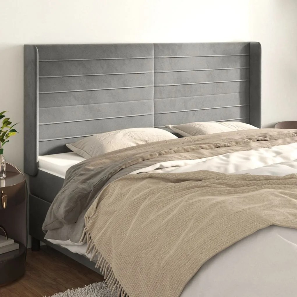 Testiera Ad Orecchio Grigio Chiaro 163x16x118/128 Cm İn Velluto /