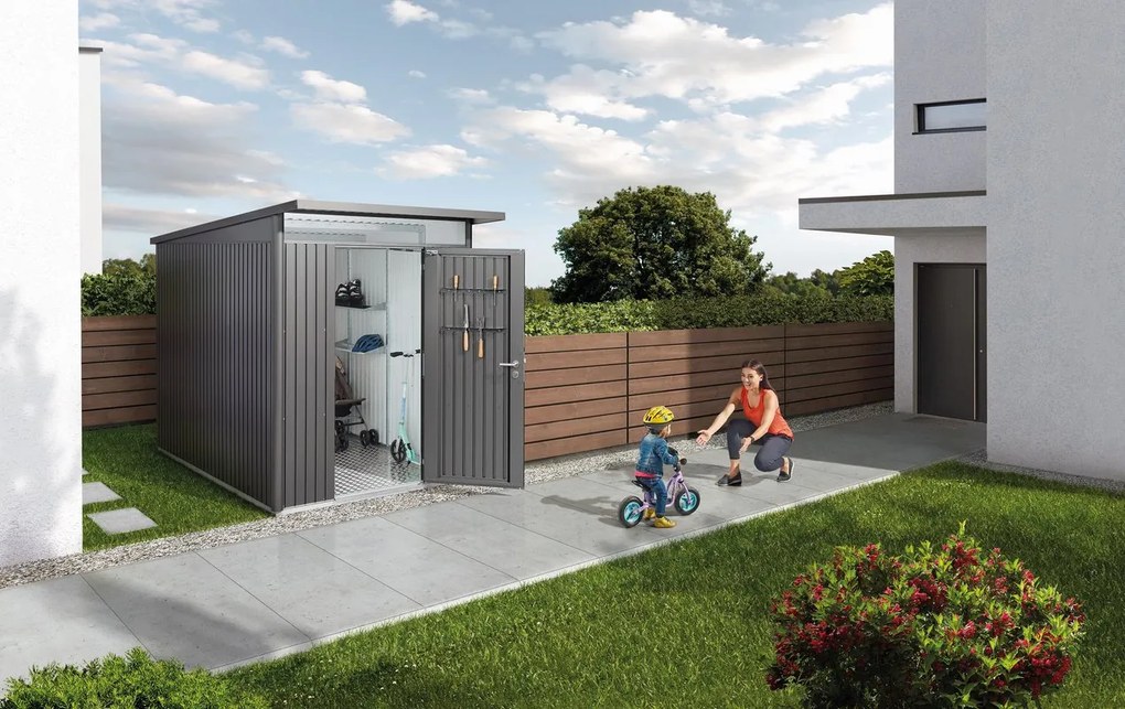 Casetta da giardino BIOHORT Avantgarde A4 in acciaio antracite con porta battente semplice, superficie interna 5.7 m² e spessore parete 0.5 mm