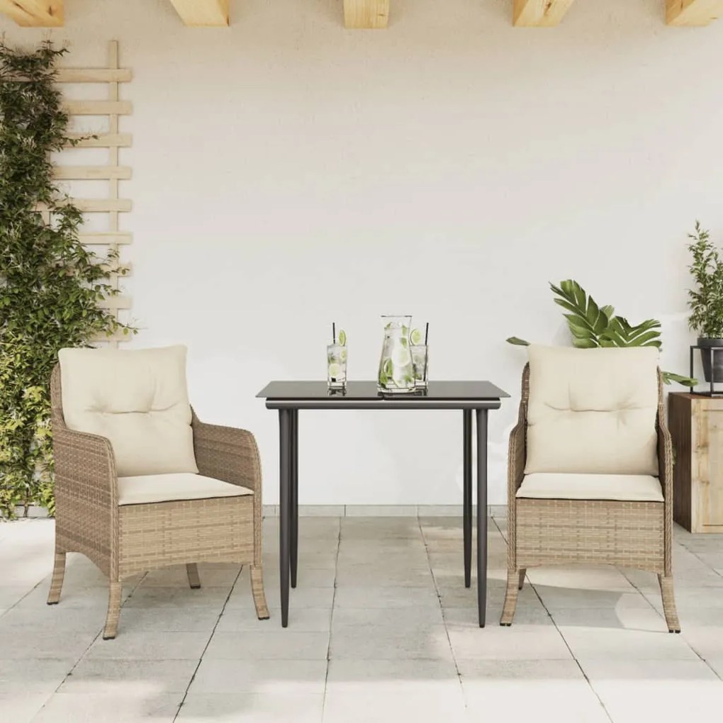 Set da pranzo da giardino 3 pz con cuscini beige in polyrattan