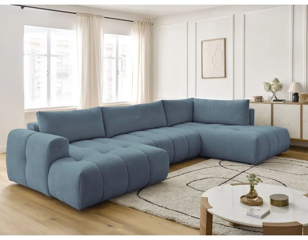 Divano angolare blu allungabile e con contenitore (penisola a destra/a U) con rivestimento in ciniglia Fuji – Bobochic Paris