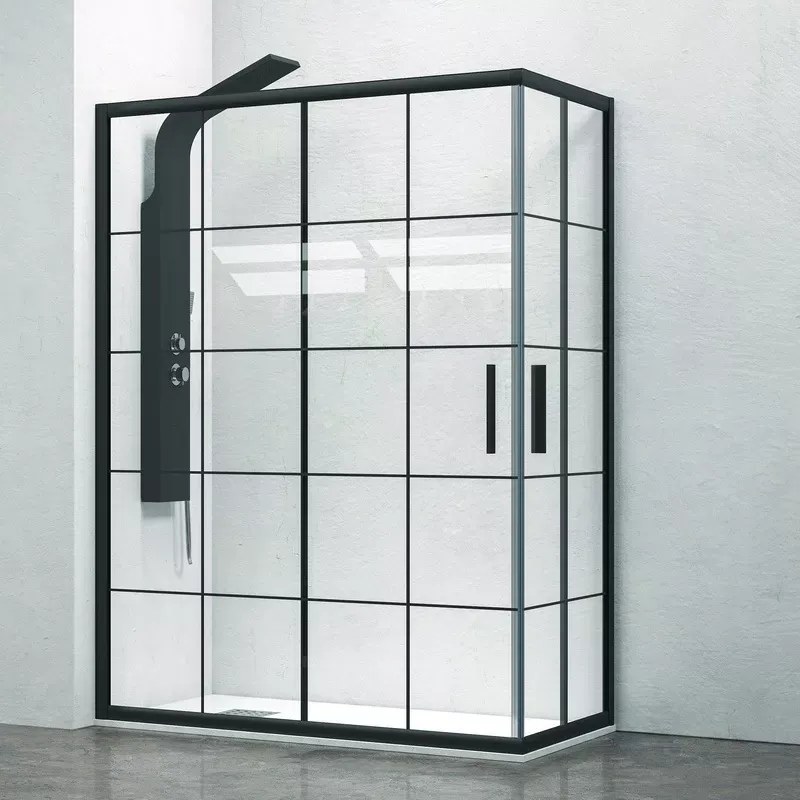 Box doccia 100x90 profili neri opachi vetro a quadrati neri NICO-B1000 - KAMALU