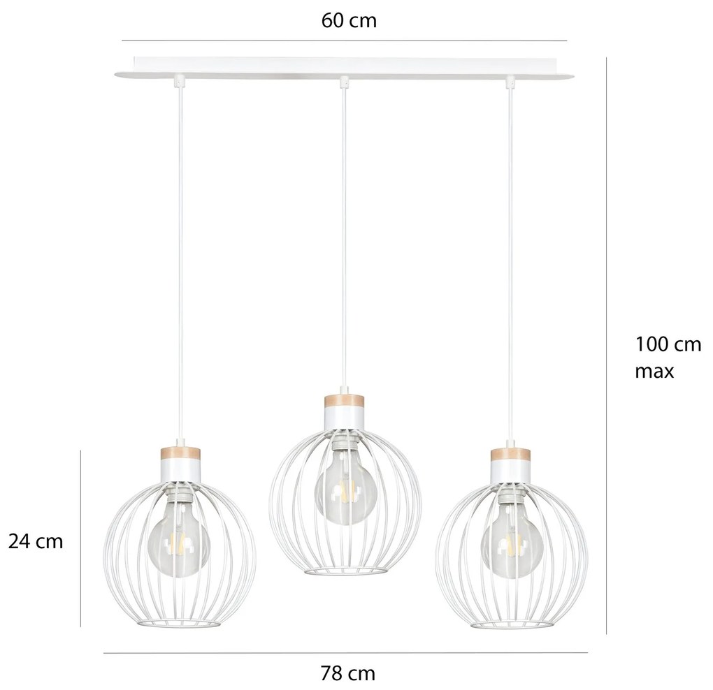 Lampadario 3 Luci Barbado Paralumi A Gabbia In Acciaio Bianco E Legno Naturale