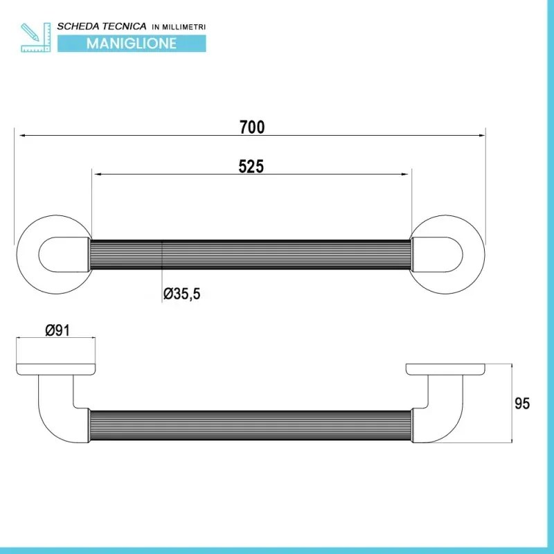 Maniglione di sostegno cromato 70 cm per disabili portata max 150 kg