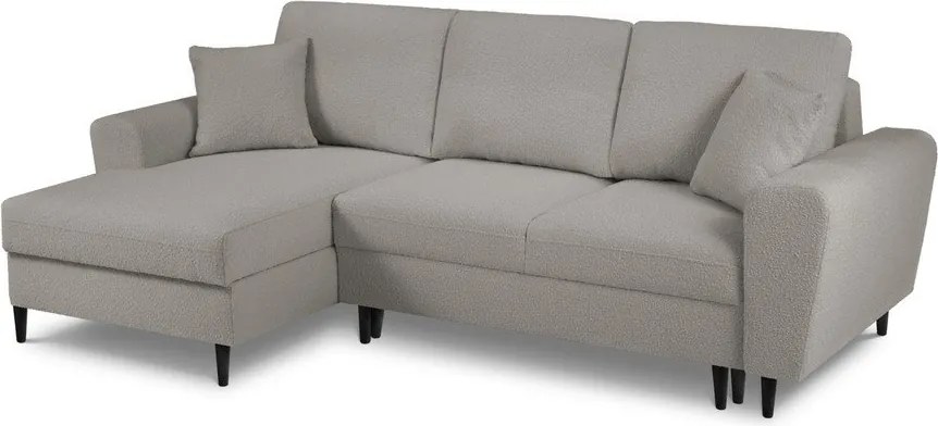 Divano angolare grigio chiaro allungabile e con contenitore (con penisola a sinistra/con chaise lounge) con rivestimento in bouclé Kyoto – Cosmopolitan Design