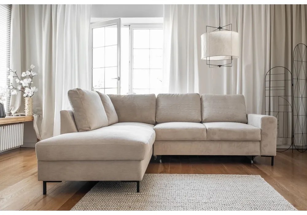Divano letto in velluto a coste beige (angolo sinistro) Lofty Lilly - Miuform