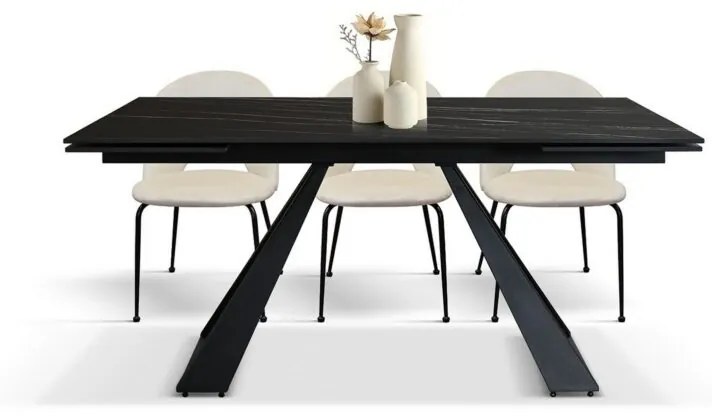 Tavolo AJACCIO in vetroceramica effetto marmo nero con gambe a piramide in metallo antracite, allungabile 160&#215;90 cm &#8211; 240&#215;90 cm