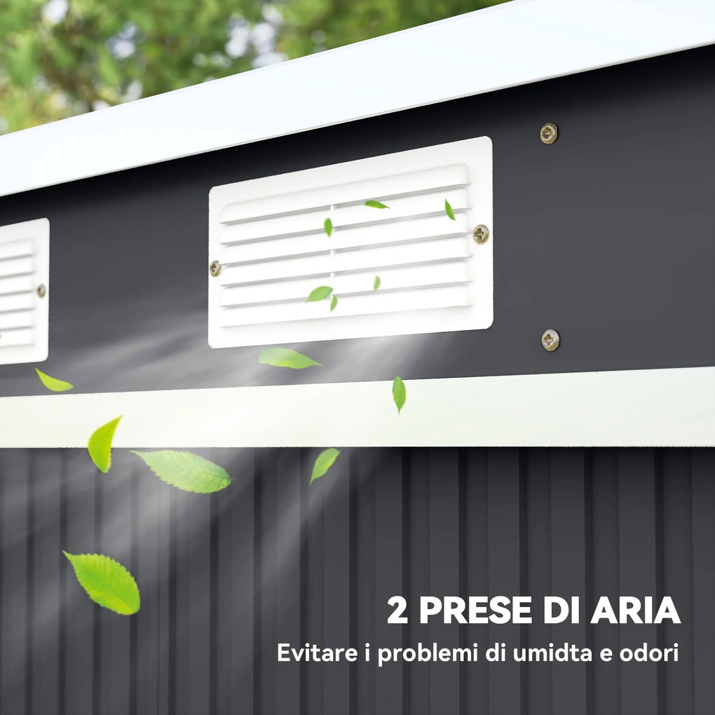 Capanno Attrezzi con Tetto Inclinato 213x130x172 cm 2 Ingressi e Prese d'Aria in Acciaio Grigio Scuro...