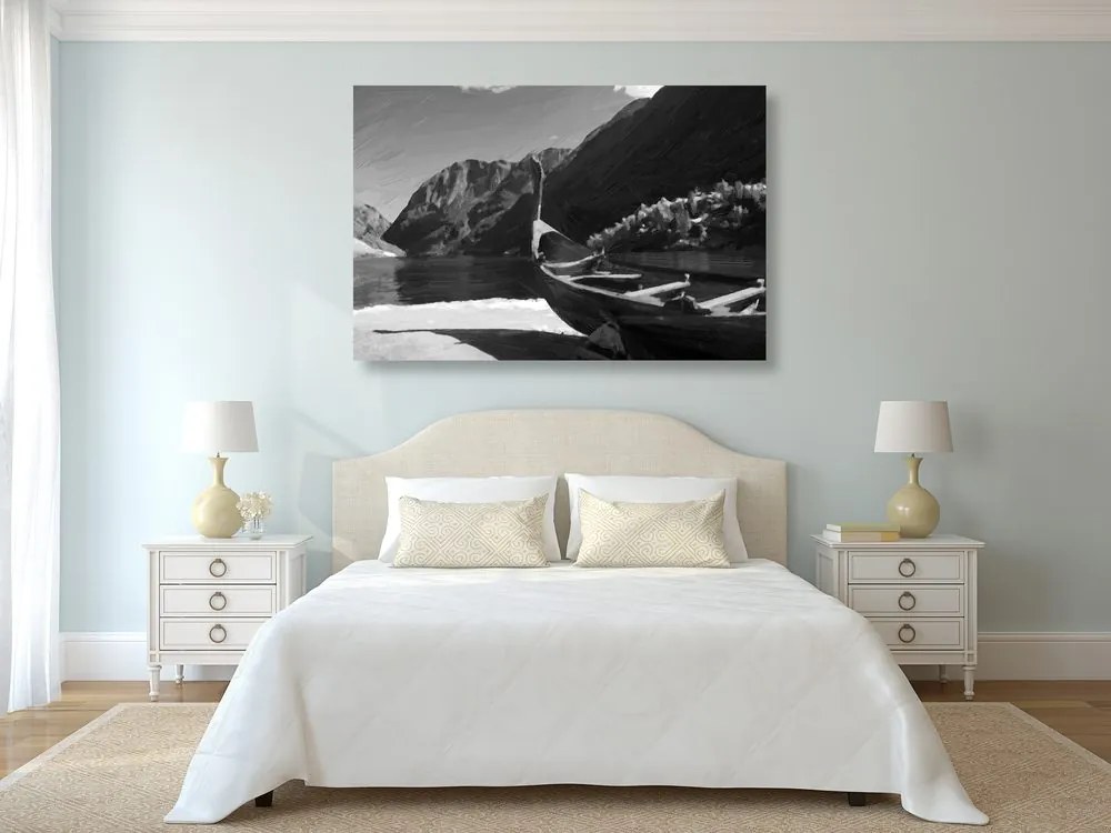 Quadro su tela – Nave vichinga di legno in bianco e nero