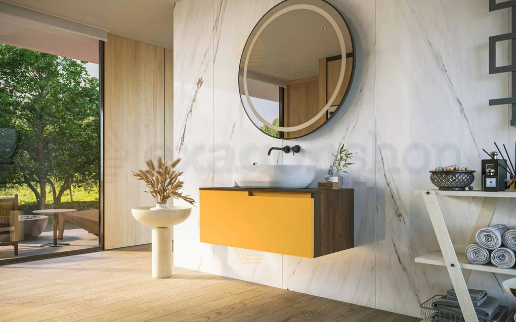 Mobile bagno Noce ocra 90x46 Sorrento un cassetto con lavabo da appoggio in ceramica