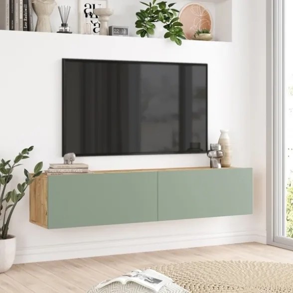 Mobile TV Sospeso 140x32x30 Effetto Legno Rovere E Verde Frame