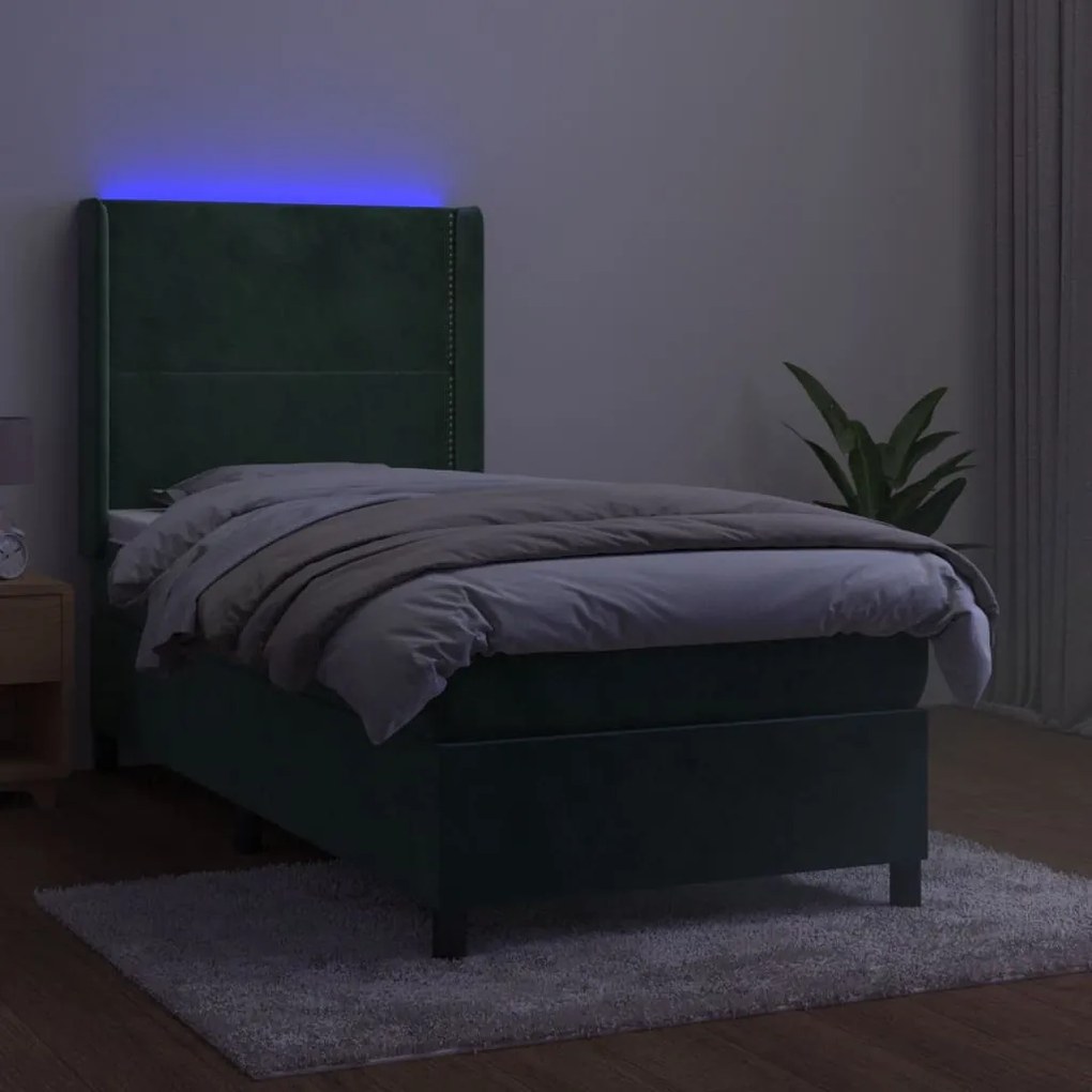 Letto a molle con materasso e led verde scuro 100x200cm velluto