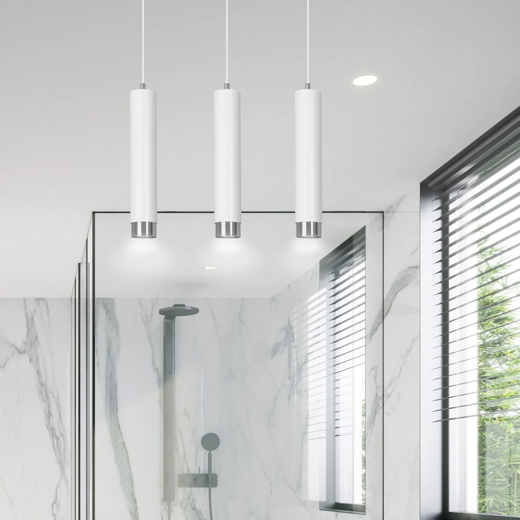Lampadario 3 Luci Brunilde In Acciaio Bianco E Tubolari In Bianco E Cromo