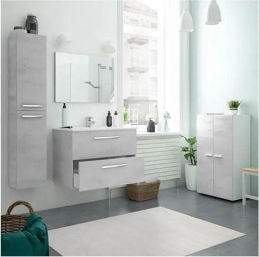 Mobile bagno sospeso 80 cm con colonna, lavabo e specchio color cemento - Aruba 99134