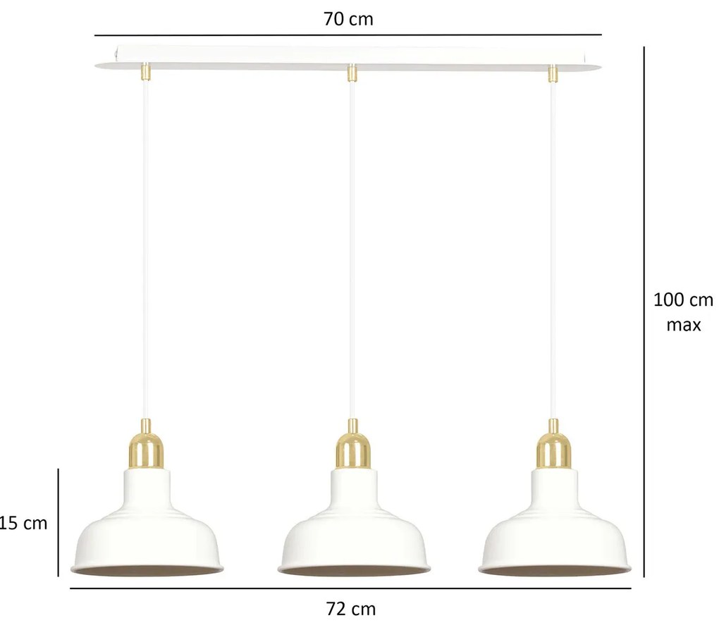 Lampadario Industrial 3 Luci Kubera In Acciaio Bianco Con Elementi In Oro