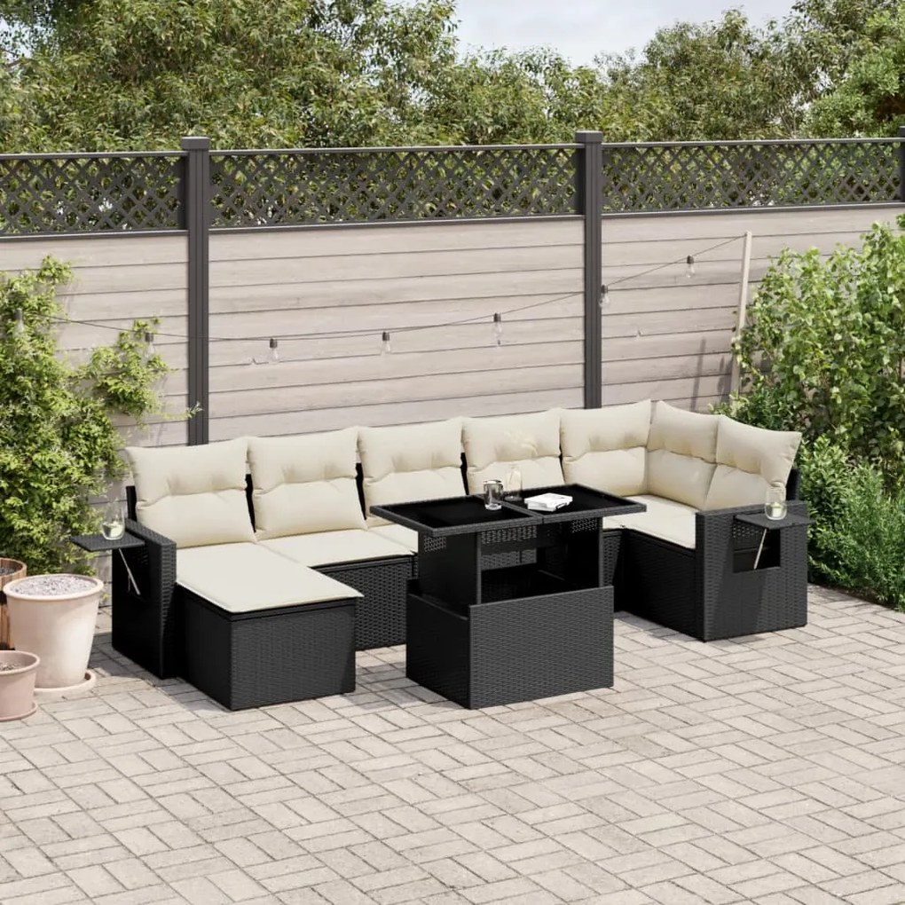 Set divani da giardino con cuscini 8 pz nero in polyrattan