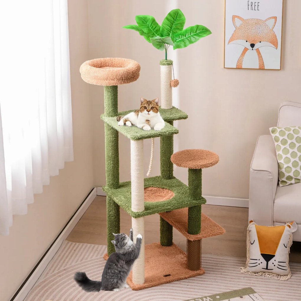 Costway Albero per gatti 152cm con posatoio in peluche giocattolo appeso pianta finta, Tiragraffi per gatti in sisal Verde