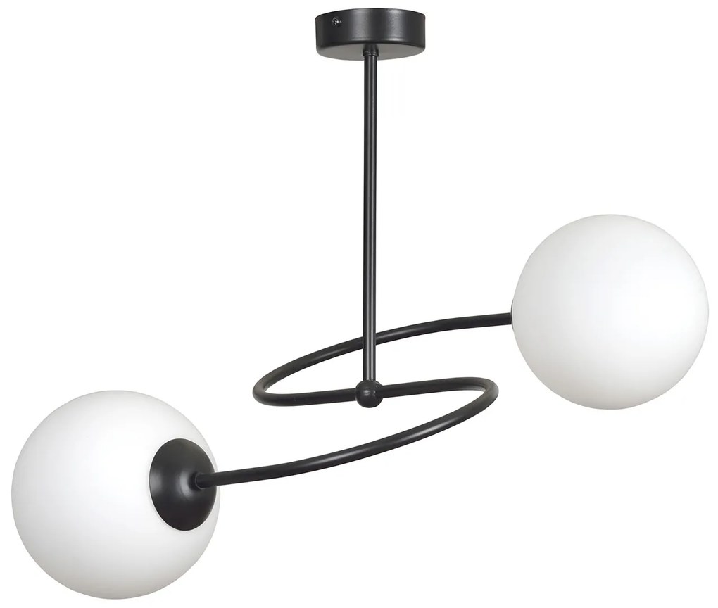 Plafoniera Moderna 2 Luci Nezha In Acciaio Nero E Sfere In Vetro Opale