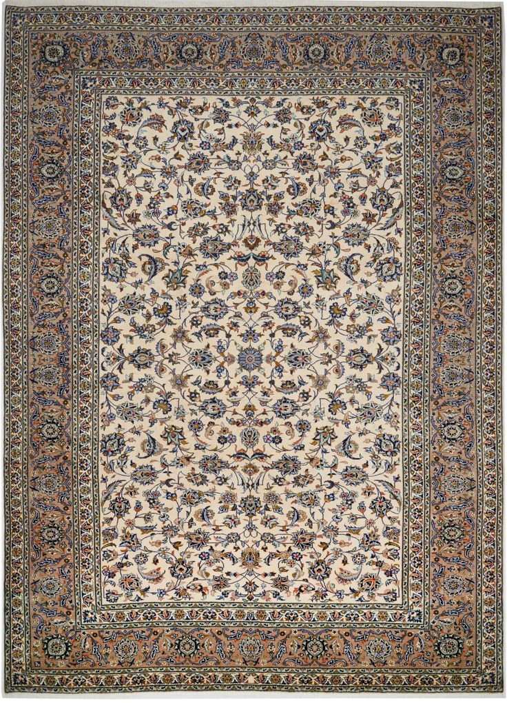 Kashan Tappeto 380x280 Beige (Iran) Annodato A Mano