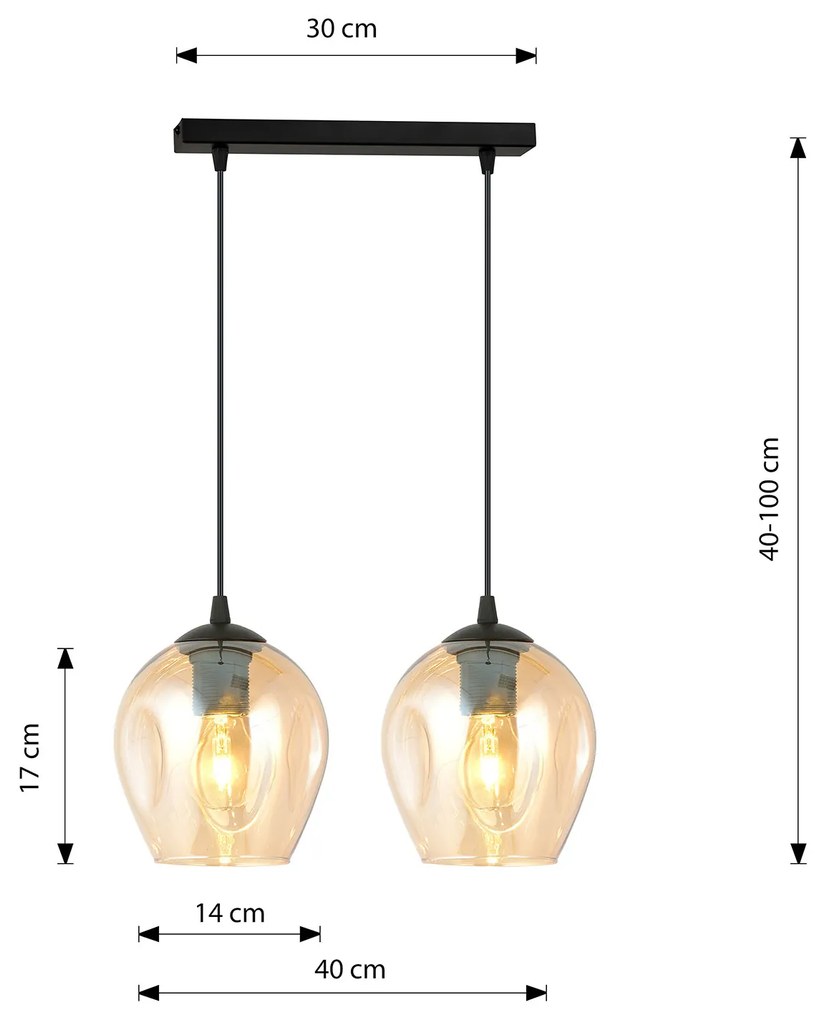 Lampadario 2 Luci Fuxi In Acciaio Nero E Vetro Ambra