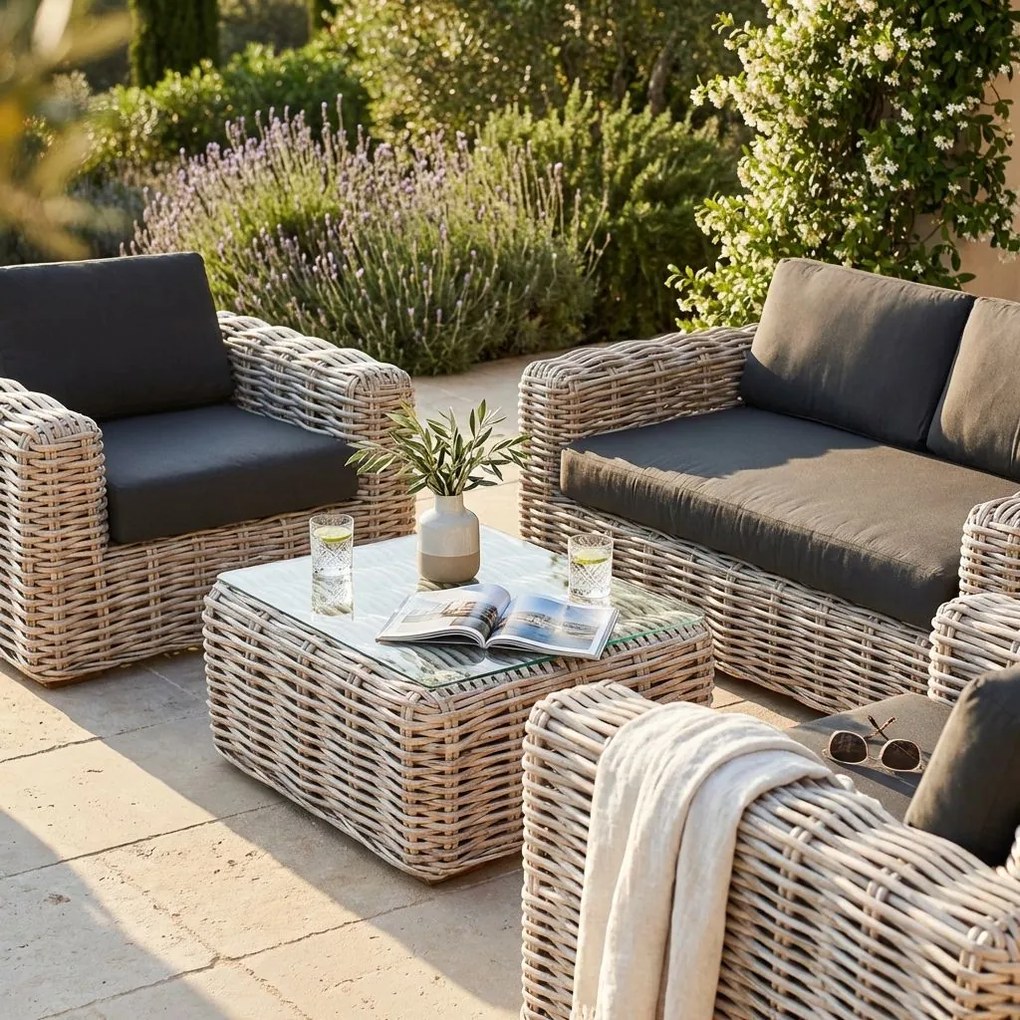 MINISTER - salotto da giardino completo di cuscini intreccio in rattan naturale