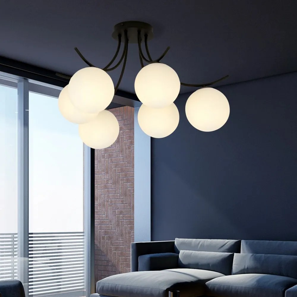 Lampadario da Soffitto in Acciaio e Vetro BOSTON 6 Nero 6xE14 Colore delle Sfere Bianco