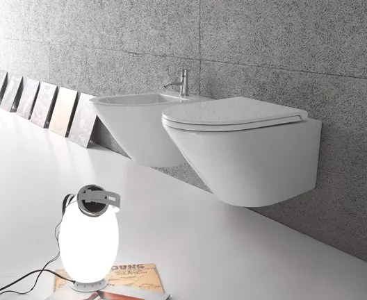 Coppia Sanitari Sospesi Vaso senza brida Bidet e Sedile rallentato Bianco Opaco Ceramica Globo Forty3