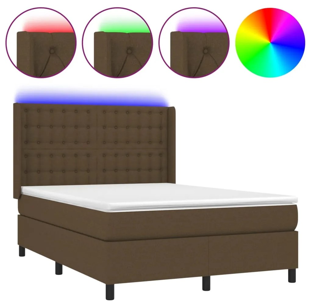 Letto a molle materasso e led marrone scuro 140x200 cm tessuto