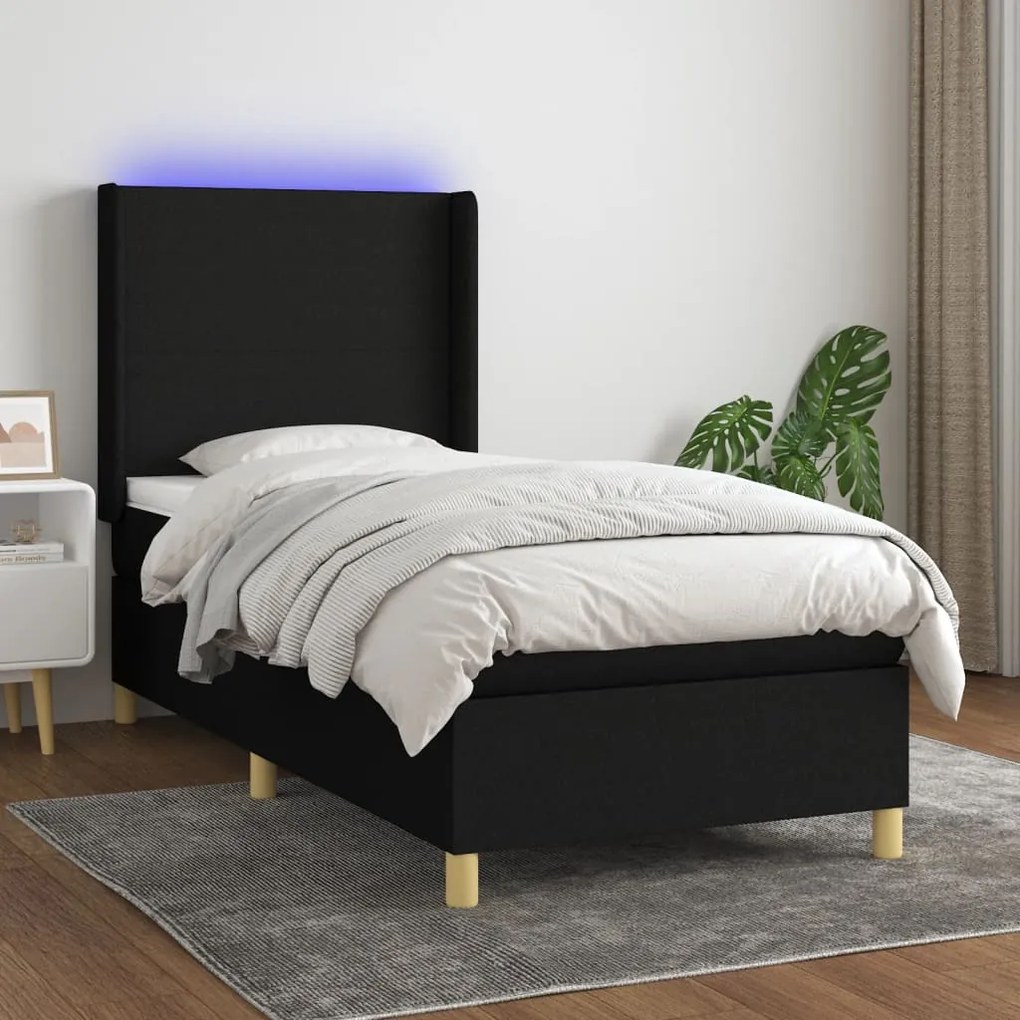 Letto a molle con materasso e led nero 100x200 cm in tessuto