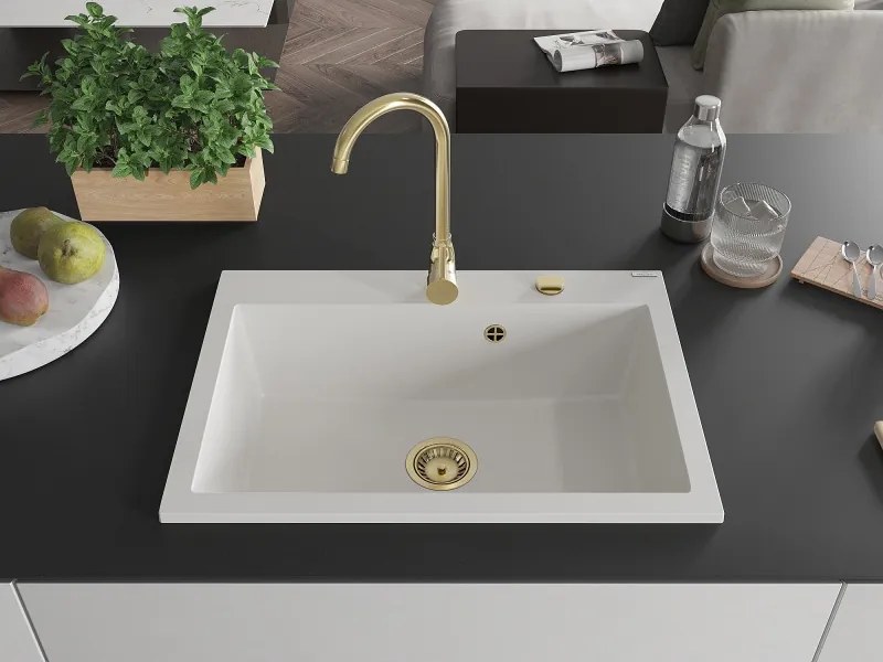 Mexen Elix lavello in granito 1-vasca 700 x 500 mm, bianco, sifone dorato - 6526701005-20-G