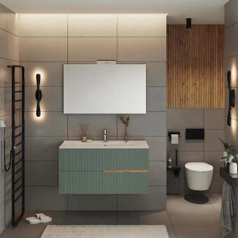 Mobile bagno Eva 100 cm, completo di lavabo in ceramica e specchio a filo con Led, 2 cassetti rovere naturale e verde salvia cannettato.
