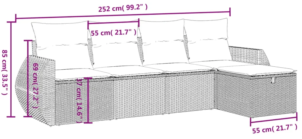 Set divano da giardino 5 pz con cuscini beige misto polyrattan