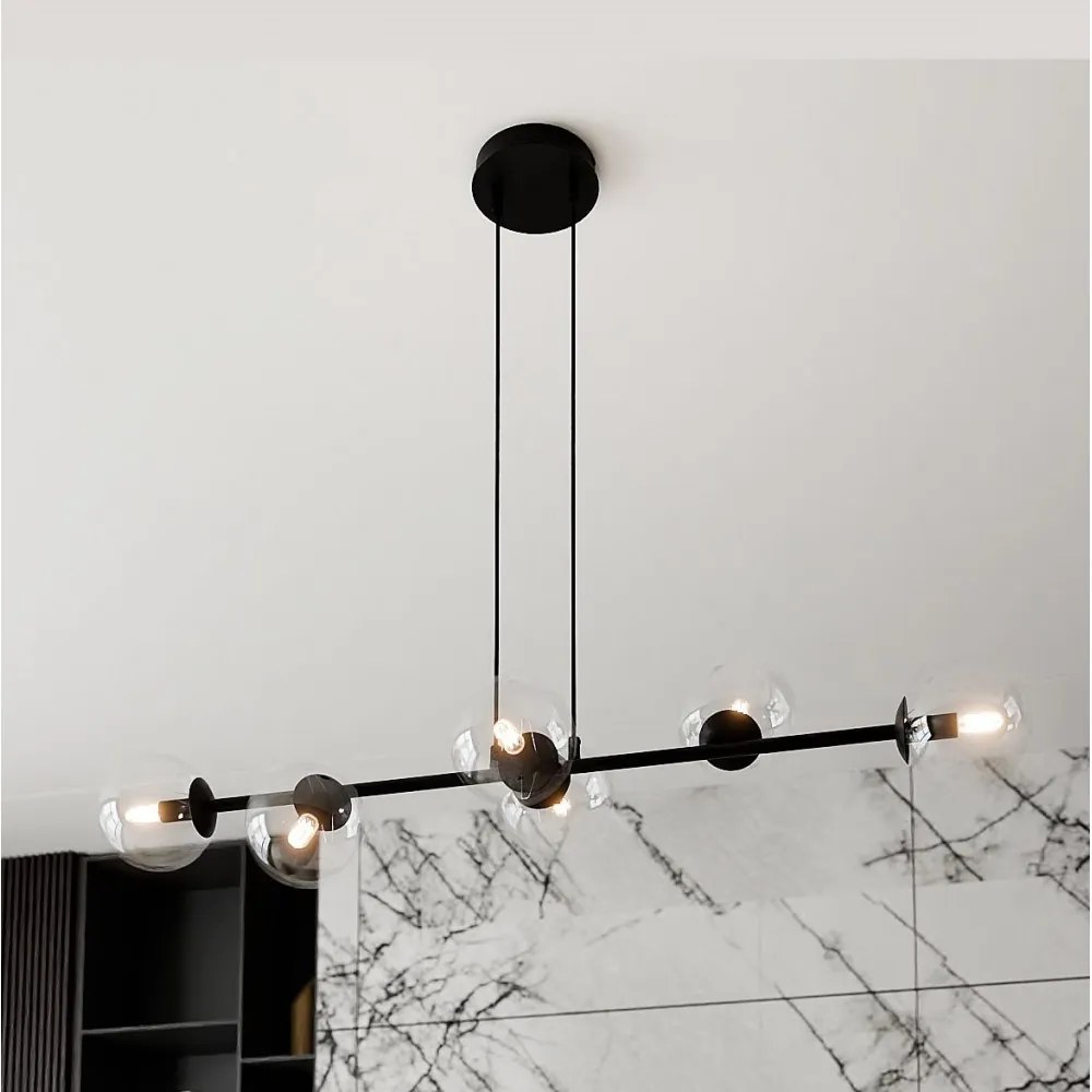 Lampadario a Sospensione in Acciaio e Vetro ROSSI 6 Nero 6xE14 Colore delle Sfere Trasparente